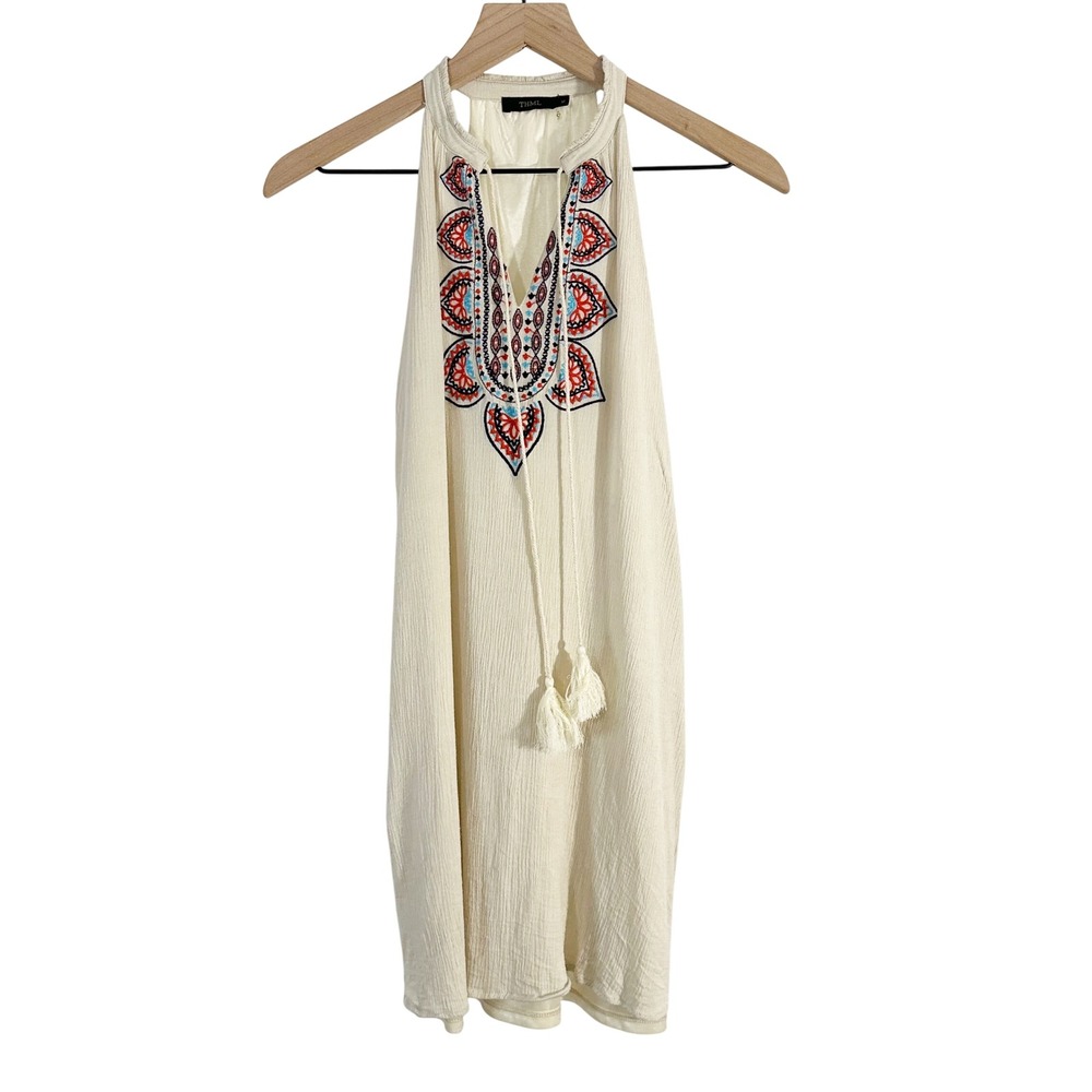 THML Embroidered V Neck Sleeveless Tassel Short Dress Cream Medium Boho Western